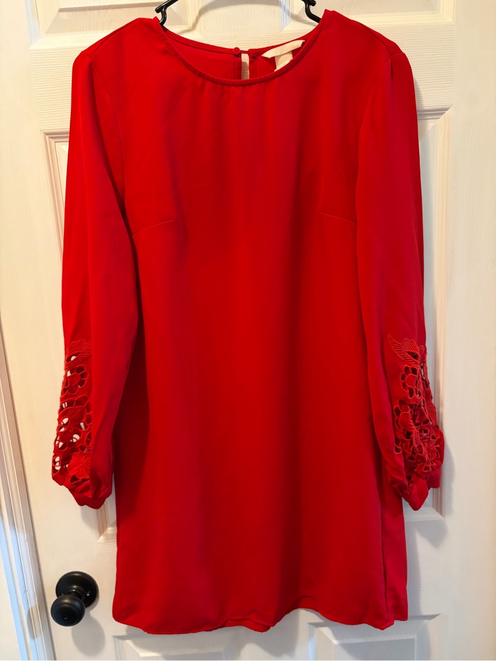 H&M Bright Red Long-Sleeve Shift Dress with Lace Sleeve Detail